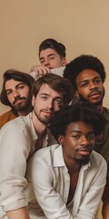 Obraz premium A group of diverse models posing and smiling, showcasing cheerful and stylish friendship in a studio.