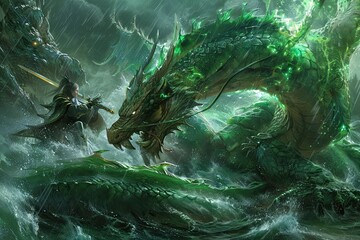 A warrior confronts a colossal green dragon amidst a stormy sea