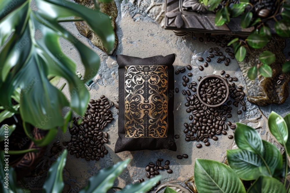 Poster a decorative pillow resting on top of a pile of coffee beans, ideal for use in a coffee shop or home