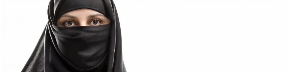Naklejka premium A young lady in a niqab, with expressive eyes, reflecting beauty and tradition in her attire.