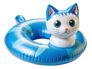 Blue Cat Inflatable Pool Float. A cute and fun float shaped like a cat, perfect for pool activities. Isolated on transparent background, png.
