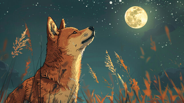 Cute orange shiba inu dog looking up at the moon in a peaceful night sky illustration, suitable for pet-related content or celestial-themed designs.