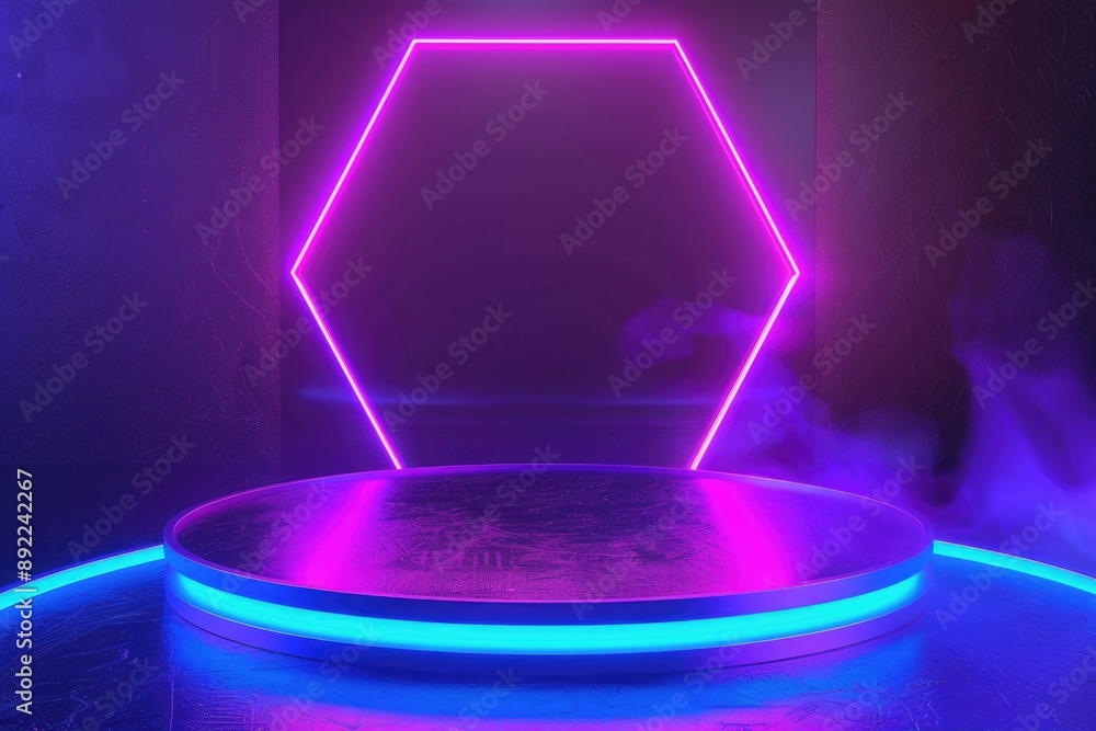 Poster Bright neon lights illuminate a dark room with abstract shapes and patterns
