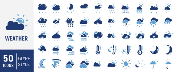 Weather icons. Weather forecast icon set. Clouds logo. Weather , clouds, sunny day, moon, snowflakes, wind, sun day. Solid icons vector collection.