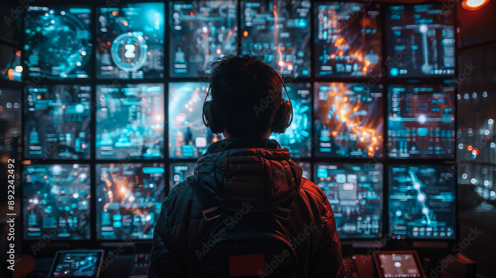 Poster a man is sitting in front of a computer monitor with a black jacket on. the monitor displays a lot o