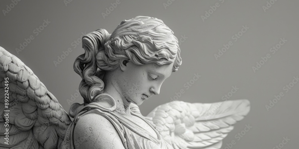 Poster a detailed view of an angel statue with intricate features and facial expression
