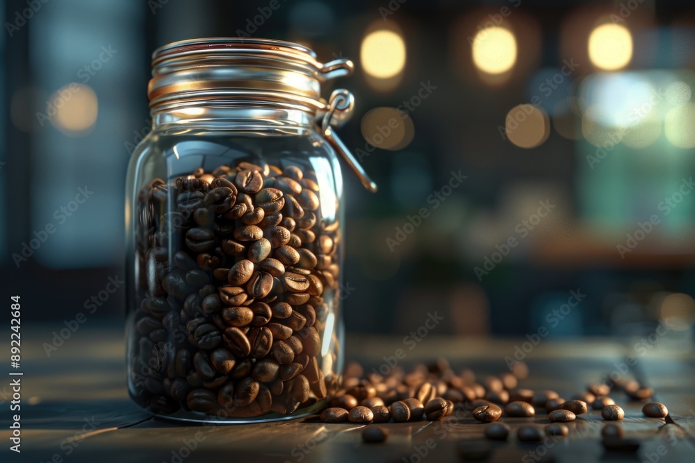 Aufkleber a jar filled with coffee beans sits on a table, perfect for brewing or display