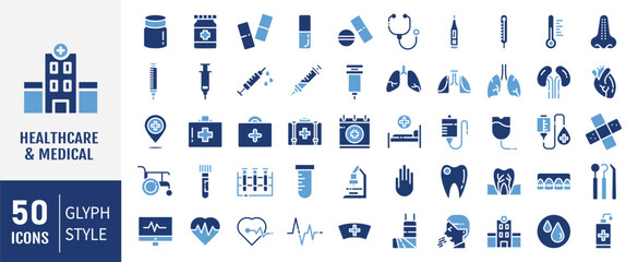 Medical Icon set. Hospital, patient, medicine, pharmacy, nurse, prescription and medical report. Vector illustration