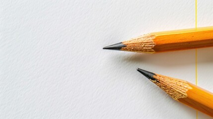 Top view close up of wooden pencil on white paper template with yellow square line and smooth shadows