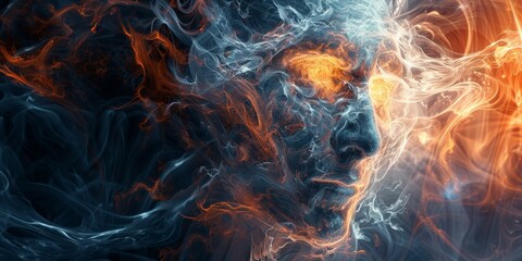 Fototapeta premium The mysterious face in swirling smoke with glowing eyes on a dark background, surrealism, abstract art, digital art concept