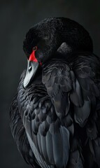 Fototapeta premium Black Swan with Red Beak Nestled in Feathers