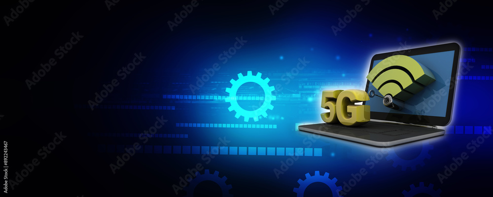 Poster 3d rendering 5g network 5g connection with laptop