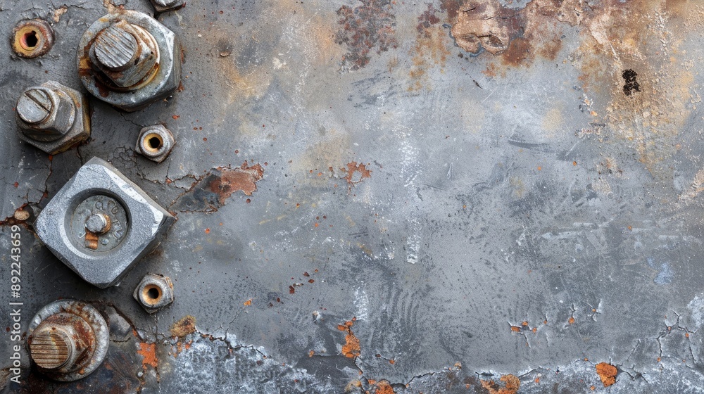 Poster aged fasteners on gray surface with border textured backdrop for text