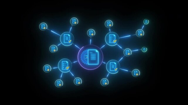 Document management system and process automation concept. Quality business service. Animation of document sign with cogwheel gear icon isolated on transparent background.