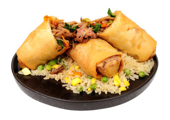 Jumbo shredded duck meat and vegetable filled spring rolls with egg fried rice isolated on a white background