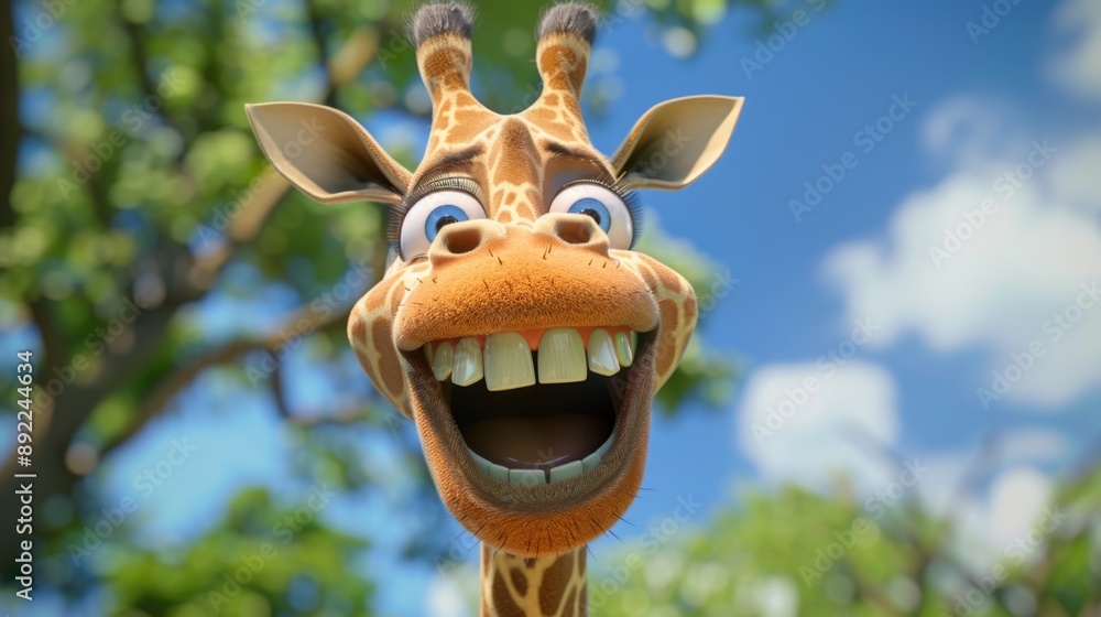 Poster A close-up shot of a giraffe's face with trees in the background, suitable for use in wildlife or nature-themed projects