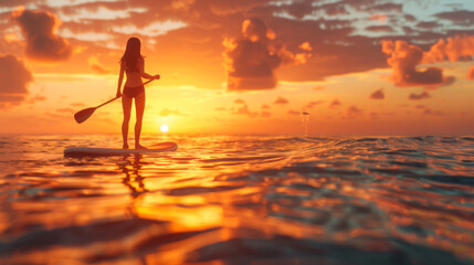 Close-up of a woman's legs on a sub board floating on the sea at sunset. A beautiful woman rows in a calm ocean. Active lifestyle.