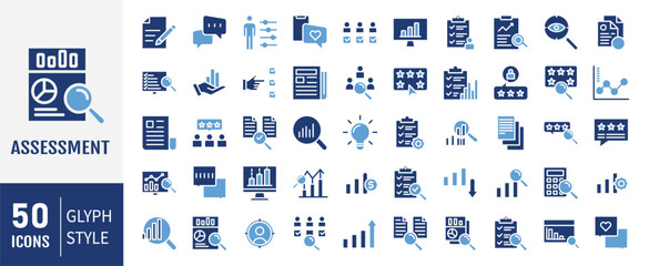 Assessment solid icons set. Containing icons: Audit, analysis, plan, evaluation, result and goal. Vector illustration