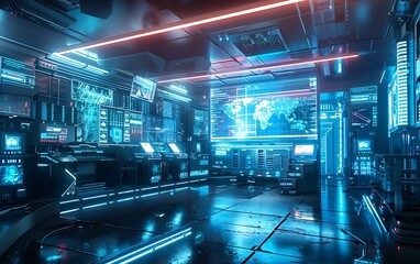 Futuristic Control Room with Glowing Screens