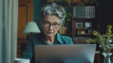 Fototapeta premium Elderly Woman Using Laptop in Home Office