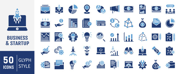 Fototapeta premium Business Startup icon set. Containing icons: Startup, Launch Event, Beginnings, New Business, Motivation, Rocket, Opening. Vector illustration