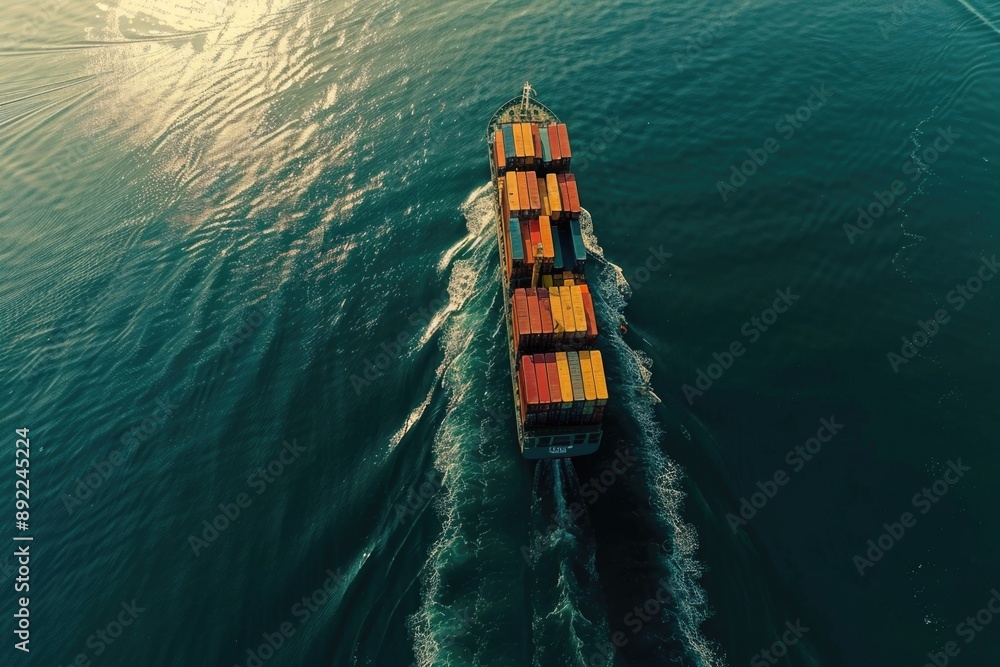 Poster a large container ship sailing through calm waters