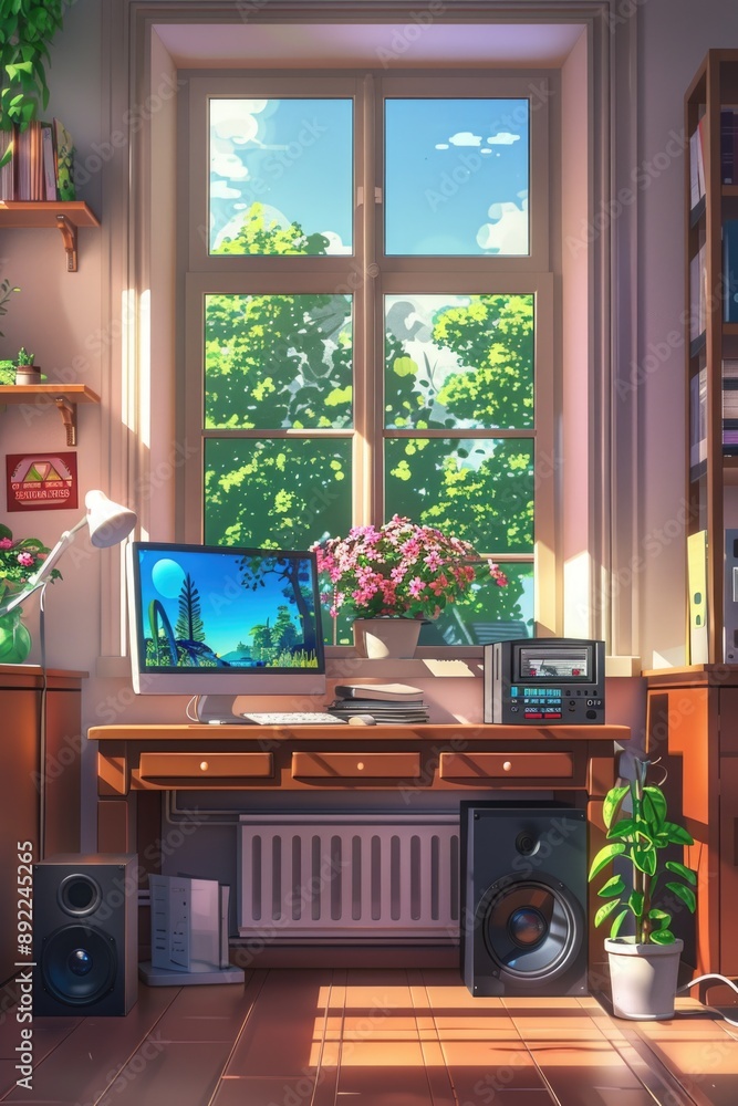 Poster A modern office space with a desk, computer, and speakers situated in front of a window