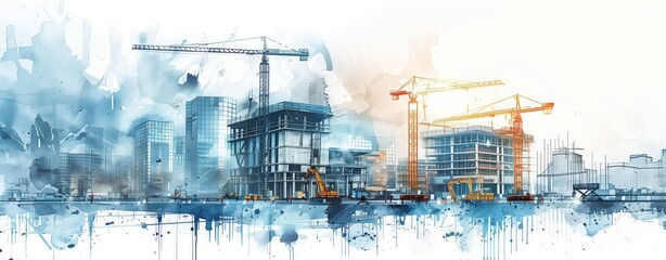 A digital illustration of a construction site with cranes and workers, in the front is a modern building