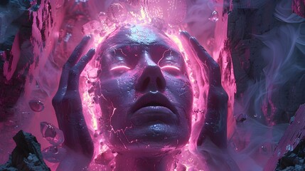 Surreal Manipulation of Disembodied Head in Neon-Infused Dystopian Landscape