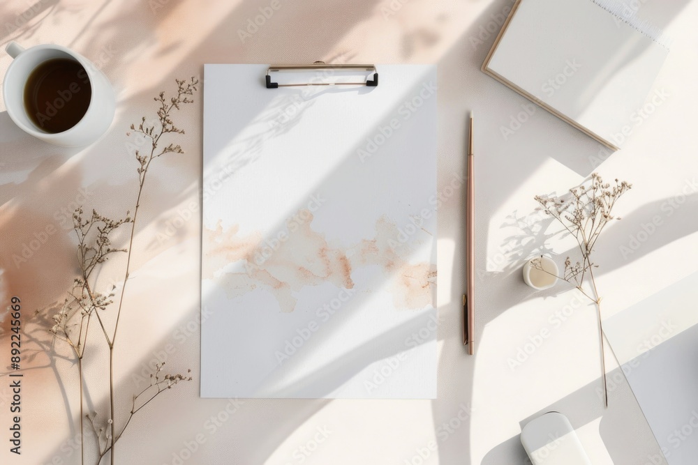 Poster a notepad with pen lying next to a cup of coffee on a table