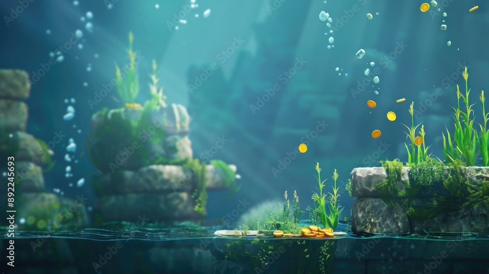 Poster submerged scenery featuring rocky outcroppings and aquatic flora, ideal for use in environmental or 