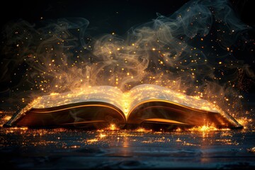 Magic Book Glowing with Golden Light and Smoke