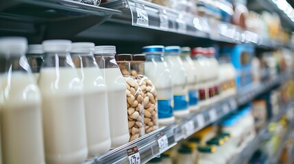 Defocused Supermarket Dairy Shelves with Variety of Milk Products