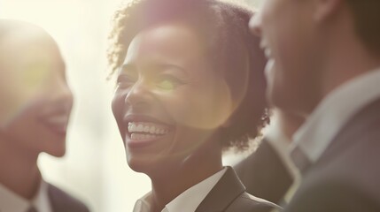 A group of business people mingling at a conference, laughing and having fun working together