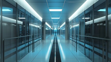 Modern Server Room Corridor with Bright Blue Lighting