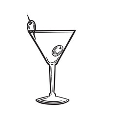 Alcohol vermouth drink with olive line drawing vector illustration.