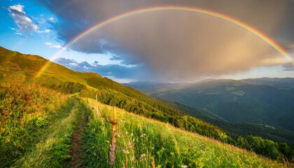 Beautiful landscape. Double rainbow landscapes of the mountains at sunset