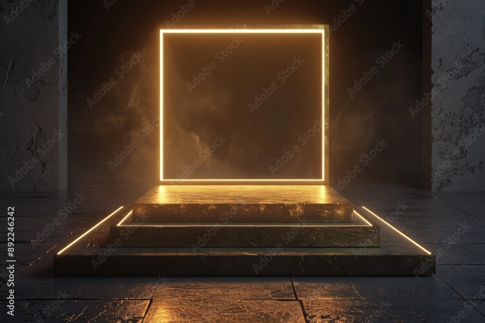 Poster a minimalist space with a bright, pulsing square at its center