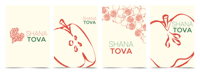 Rosh Hashanah Greeting card collection. Colorful posters with pomegranates and apples and heart from seeds. Vector Design elements on Jewish New Year for postcard, background, card, invitation. a4