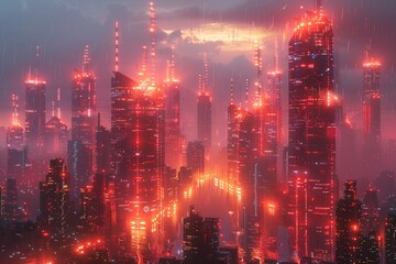 Obraz premium Neon Cityscape Under a Red Sky