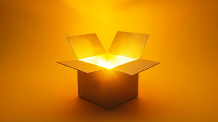 Close-up of an open cardboard box glowing with golden light from inside against a yellow background. Packaging concept.