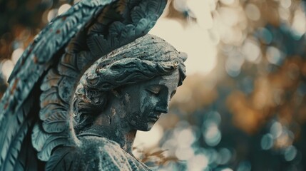 Naklejka premium A detailed view of an angel statue's face and wings, suitable for decorative or inspirational uses