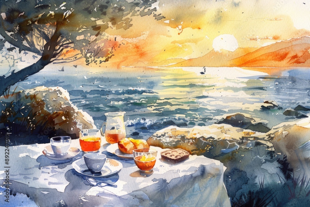 Poster a table setting with a plate of food, ideal for editorial or commercial use