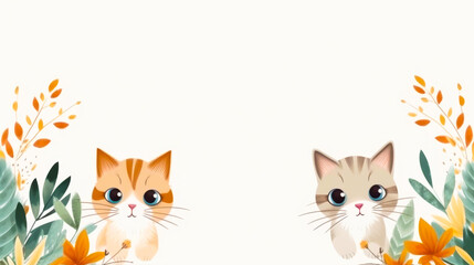 Obraz premium Cute Cartoon Kittens with Floral Elements on White Background - Adorable Cat Illustration for Kids and Animal Lovers