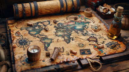 Treasure map filled with mysterious clues and notes, featuring drawings of mythical creatures and coded messages
