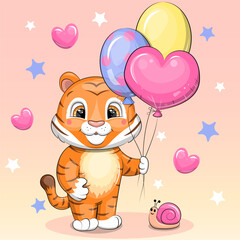 Naklejka premium Cute cartoon tiger with balloons and snail. Vector illustration of an animal on a pink background with hearts and stars.
