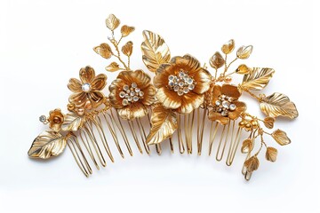 Fototapeta premium A Golden Floral Hair Comb with Delicate Leaves and Sparkling Crystals