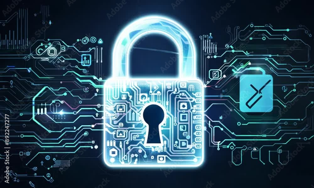 Poster safety lock glowing on the hologram with circuit lines pattern behind, cybersecurity services concep