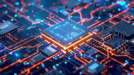 Obraz premium Glowing Circuit Board with a CPU at the Center