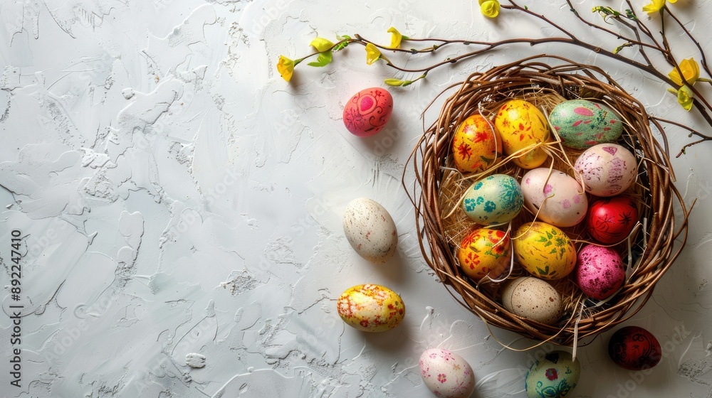 Poster Easter basket with colorful eggs on white surface with space for text